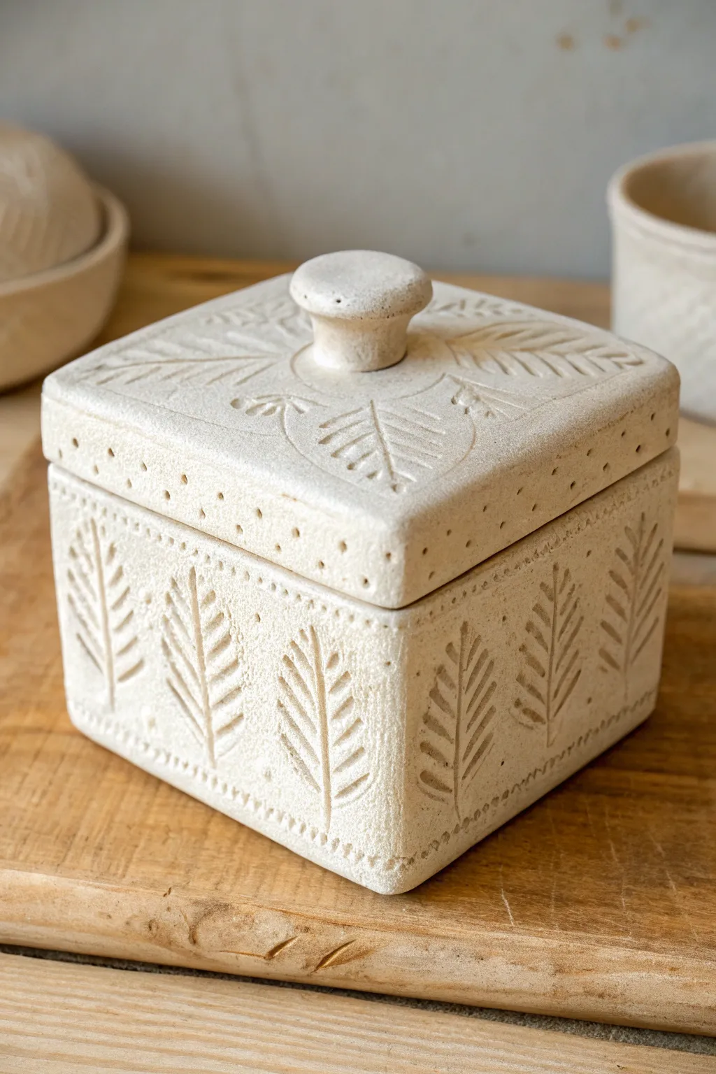Textured stamped clay box with a smooth knob lid, minimalist and boho in soft natural light.