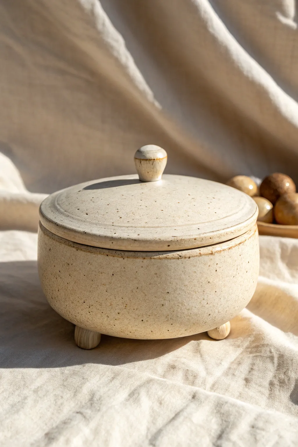 A sweet lidded clay box on ball feet, lifted high with a beautiful shadow and handmade charm