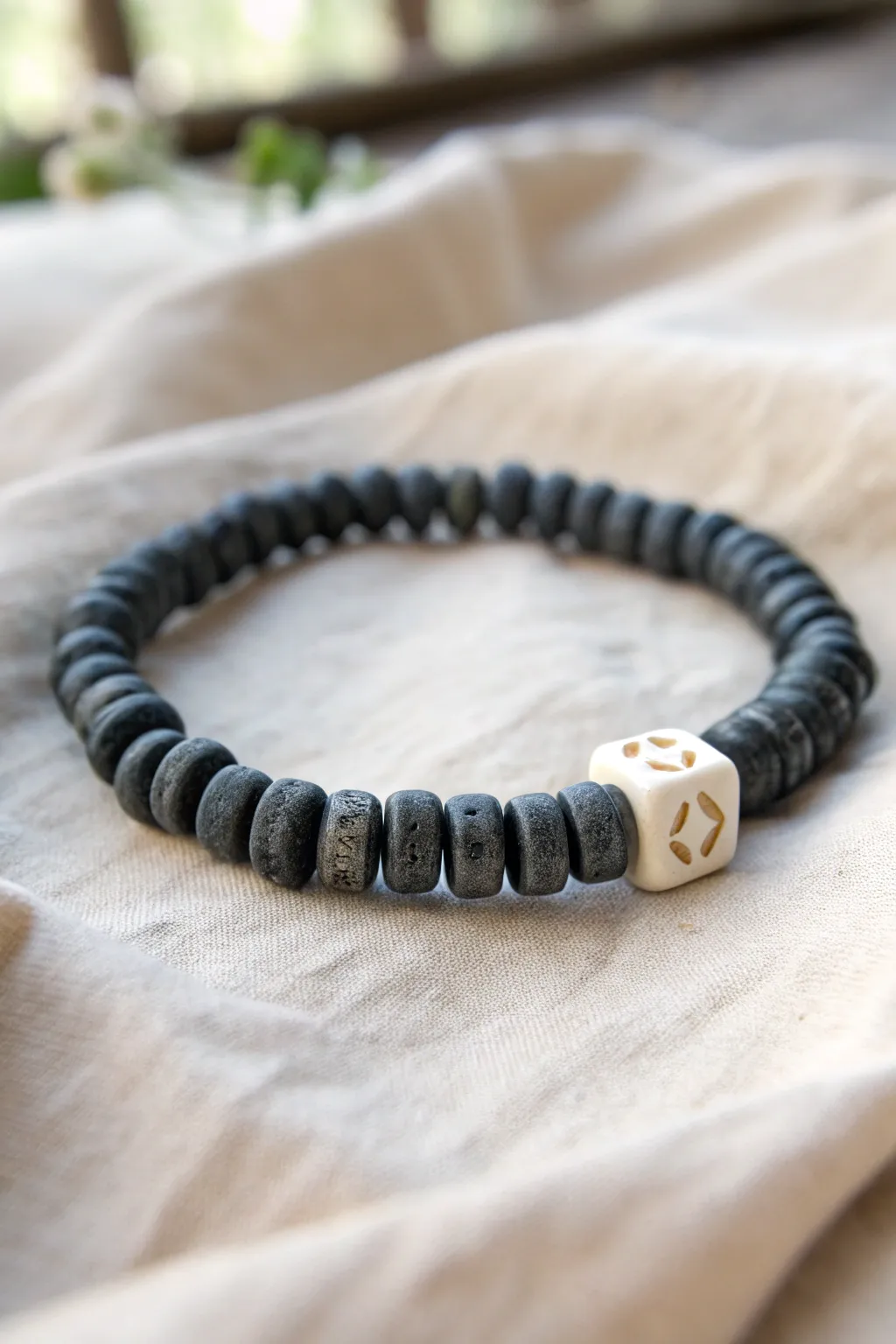 Minimal boys clay bracelet with dark discs and a centered initial bead for a clean, modern look