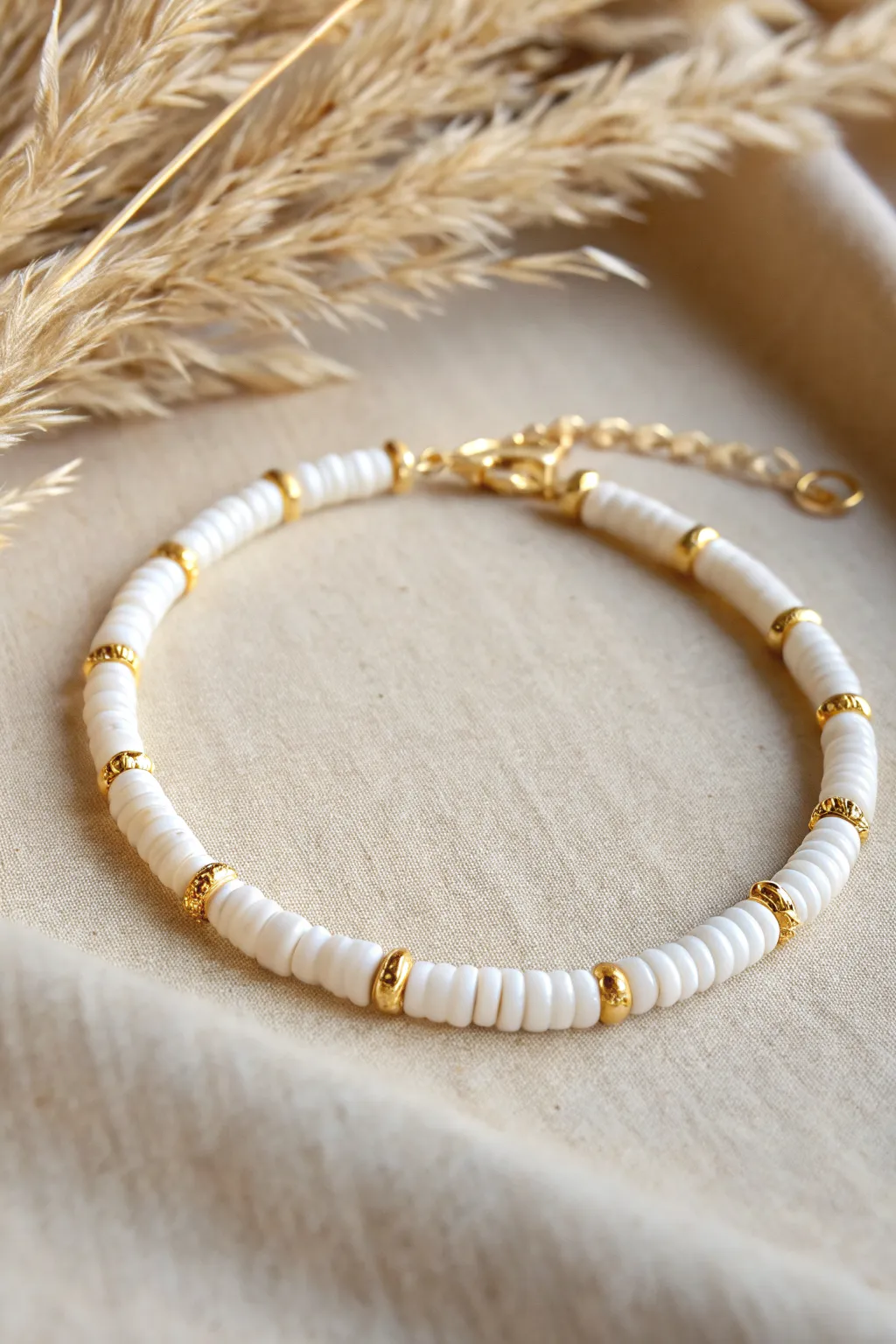 White heishi bracelet with gold spacers, minimal and polished with soft natural contrast