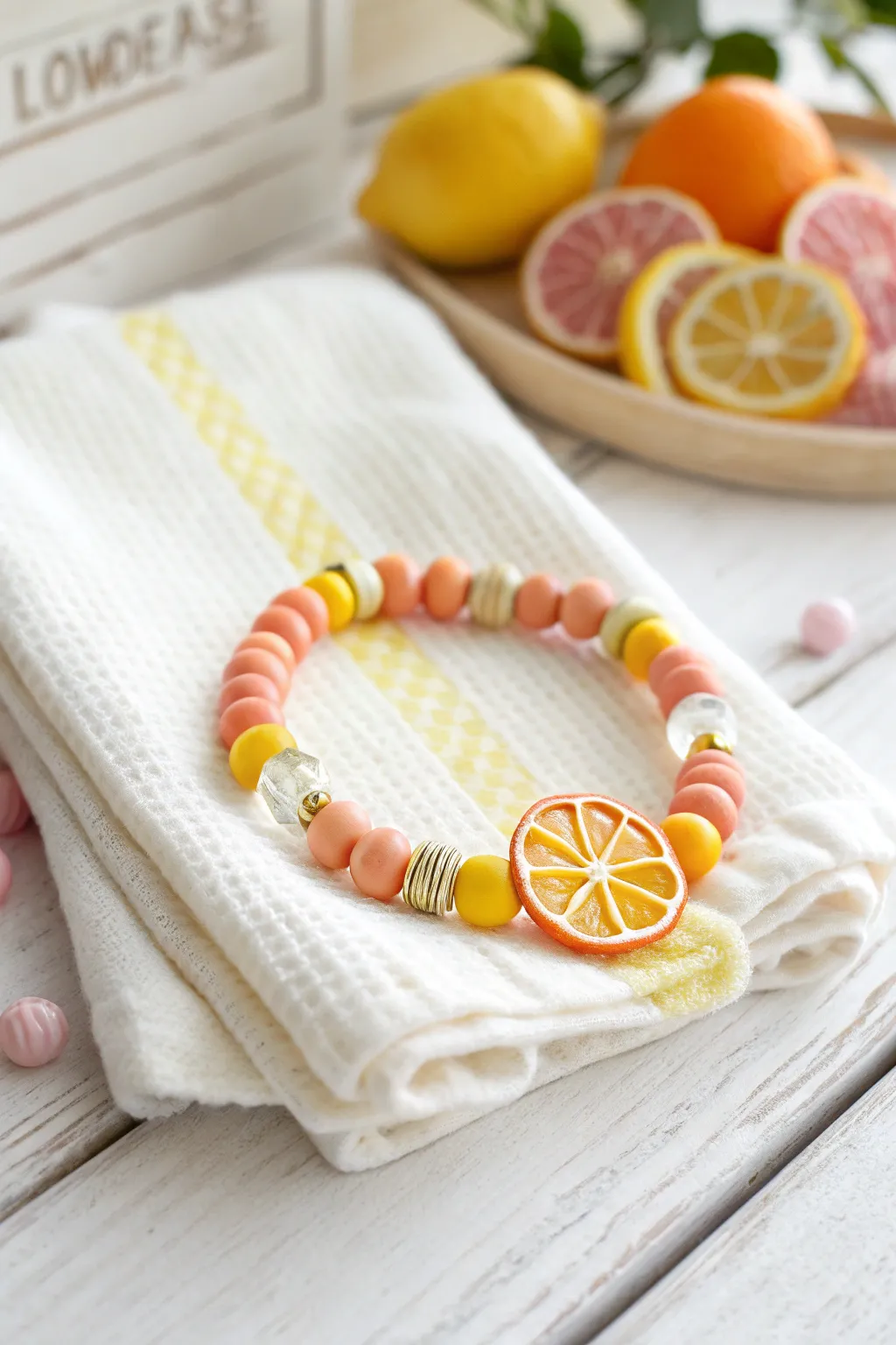 Fresh citrus slice beads add a sunny pop to a simple, minimalist summer clay bracelet