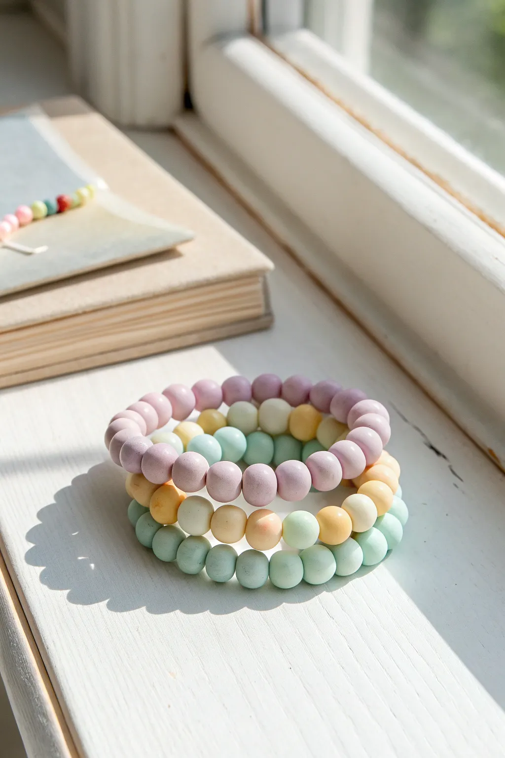 Soft pastel clay bead bracelets stacked for a calm minimalist look with a hint of boho charm