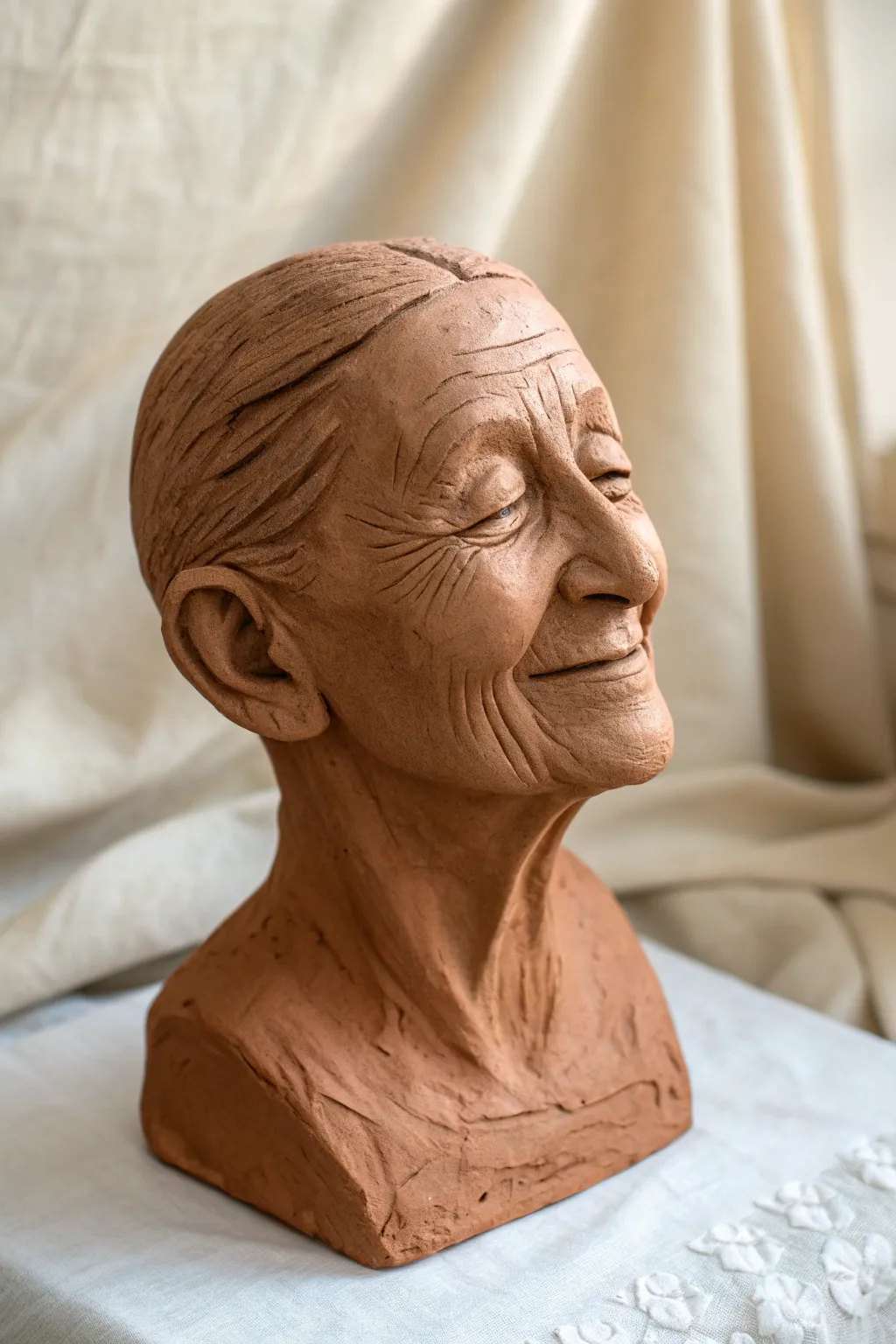 Minimalist clay bust celebrating aging lines, earthy matte terracotta, and handcrafted texture.
