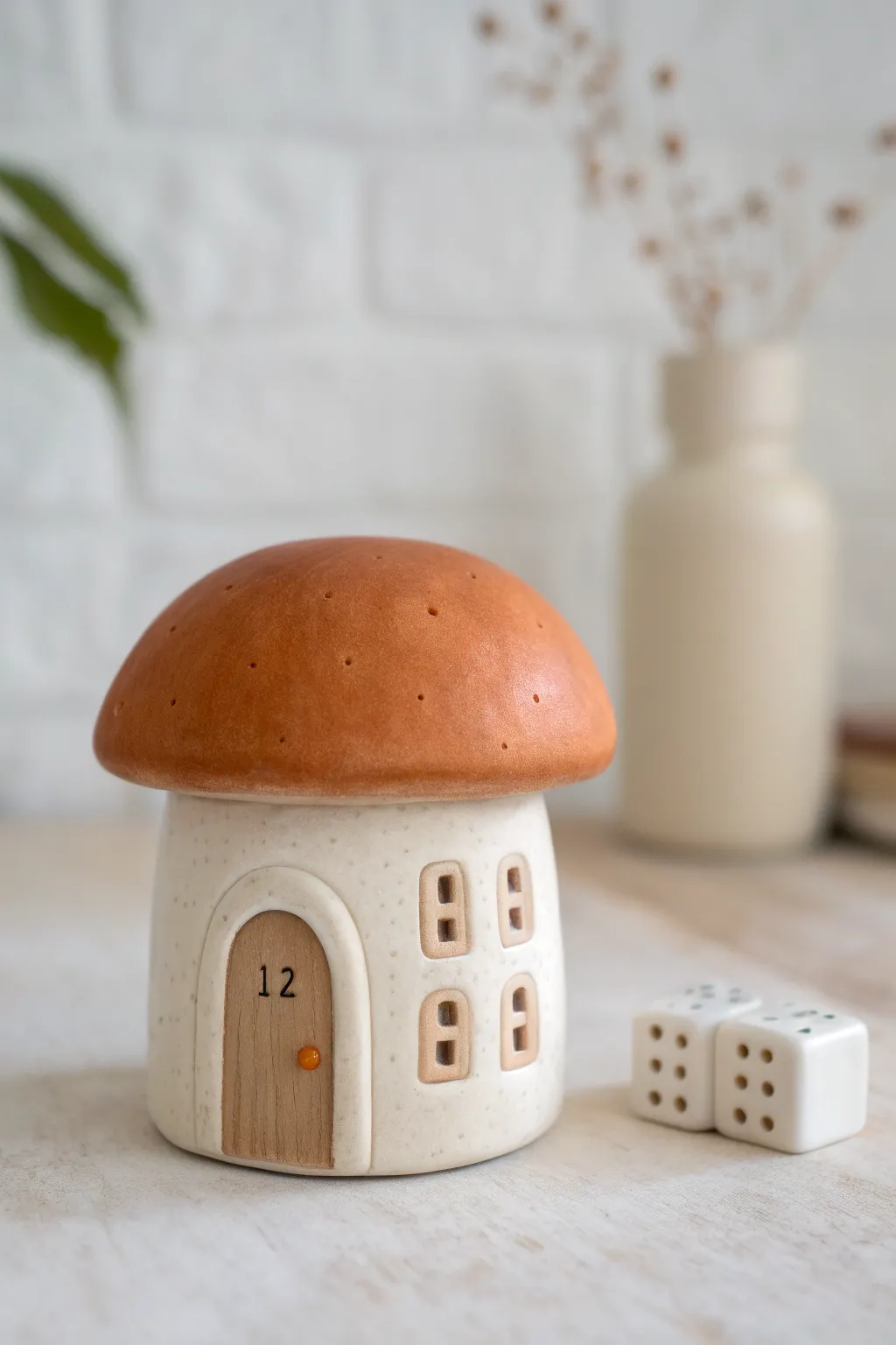 Cozy mushroom house perpetual clay calendar for a minimalist desk with boho warmth