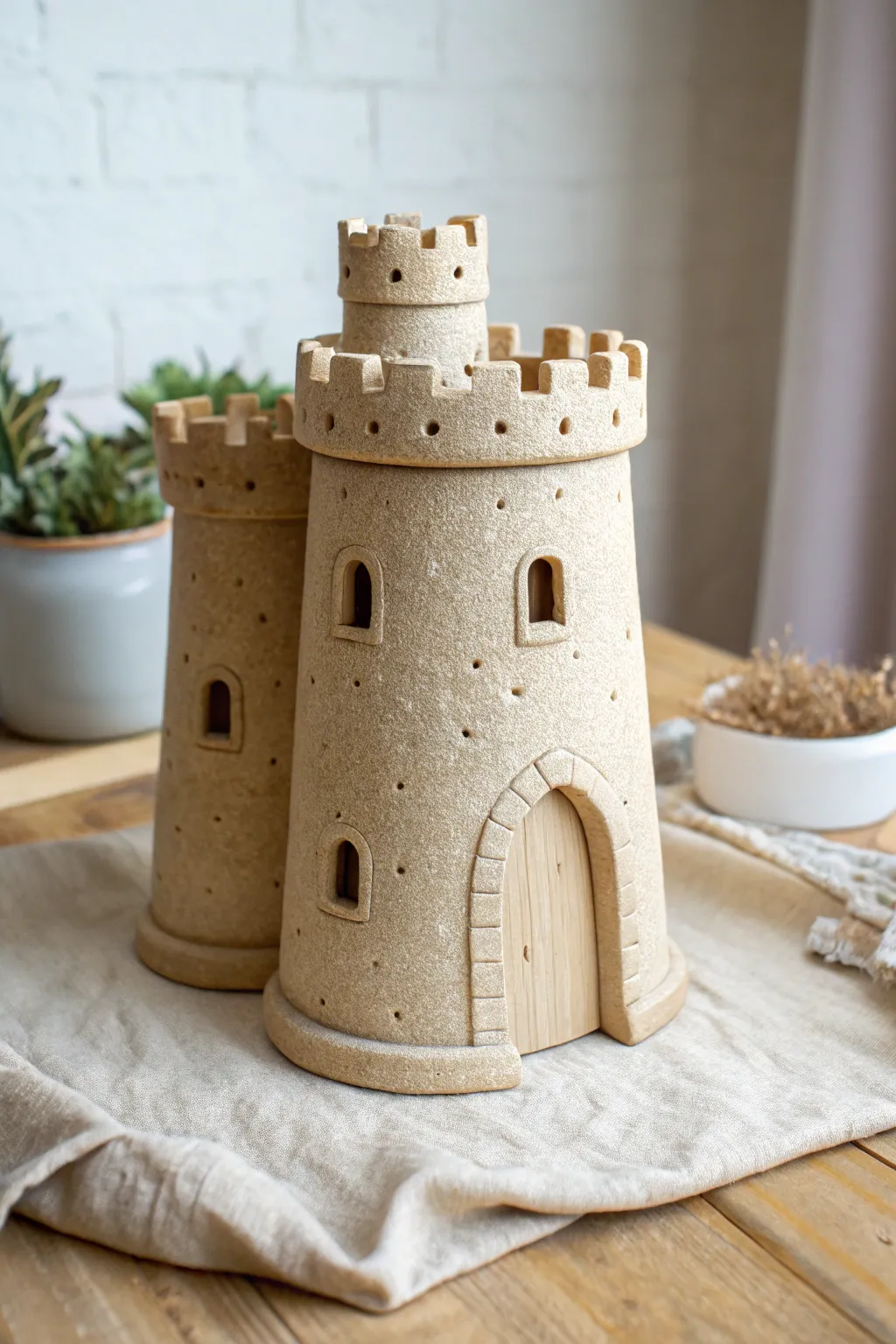 Soft coil-turret clay castle with round walls, minimalist styling and warm natural light