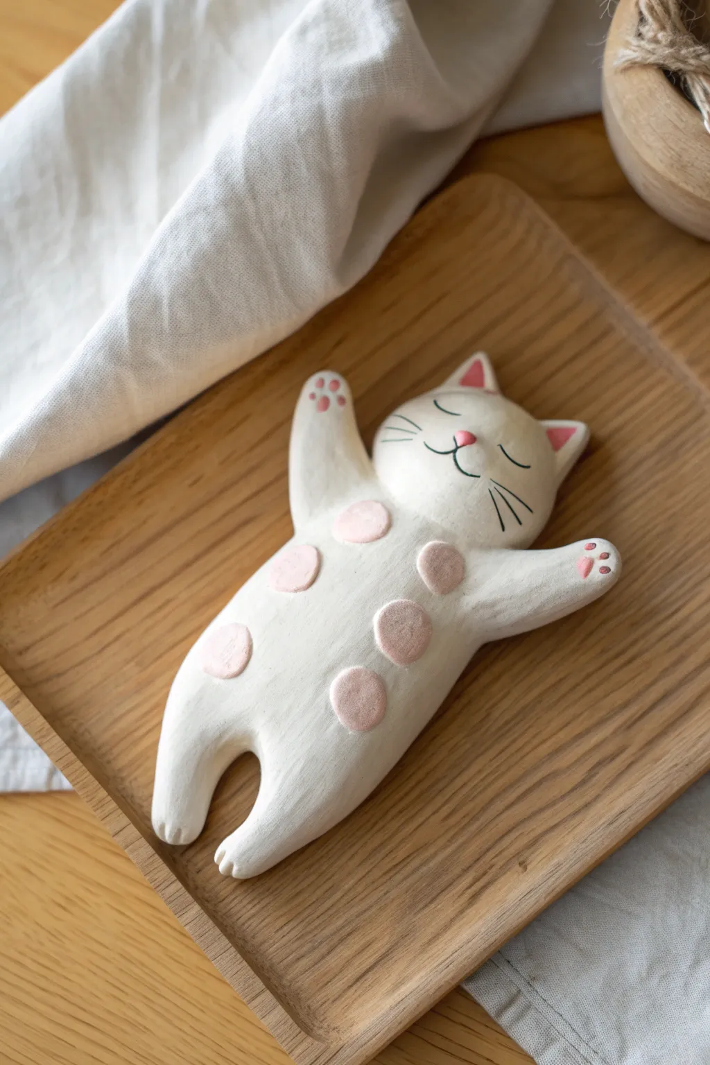 Belly-up clay kitty with sweet toe beans, minimalist and cozy in soft Scandinavian light