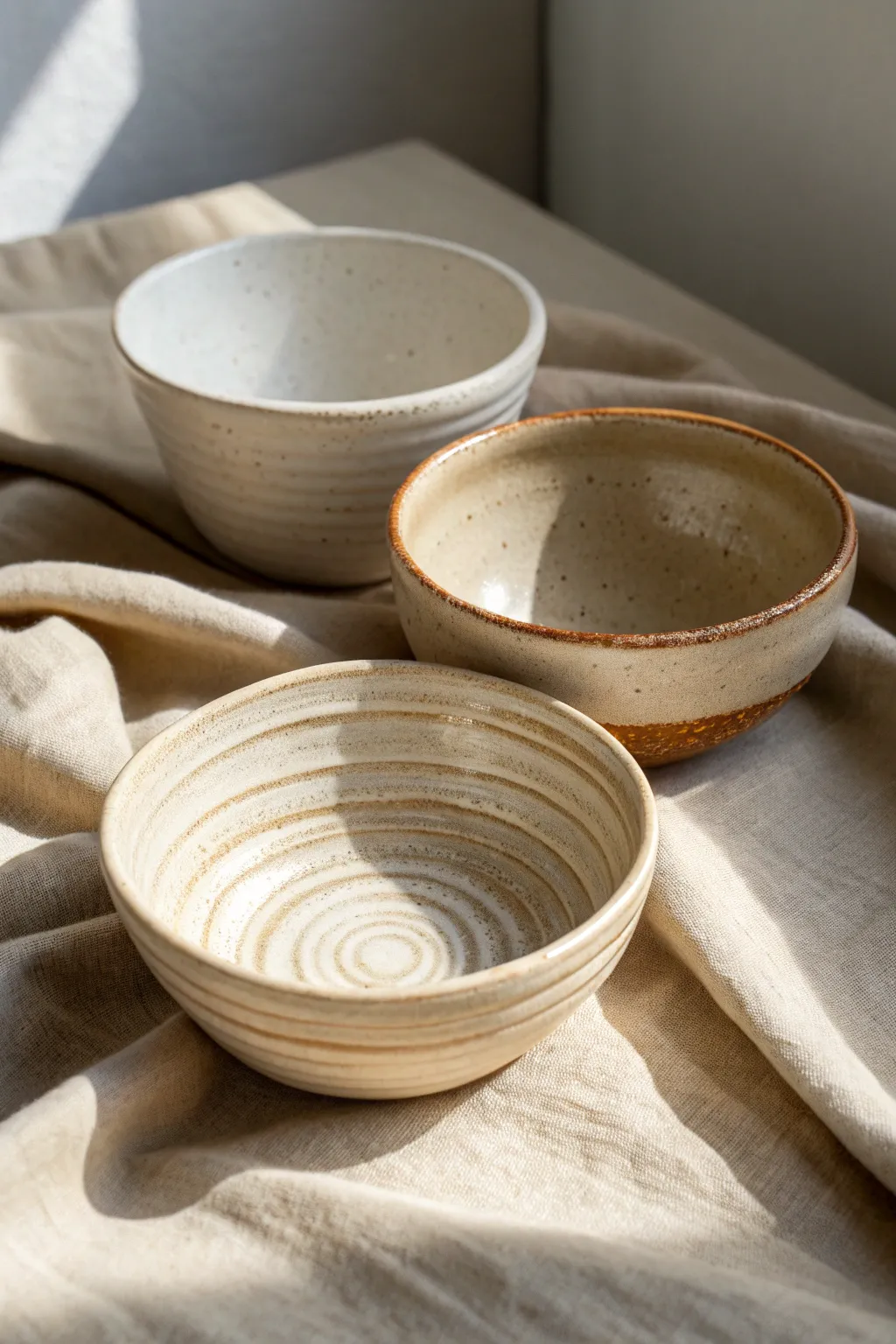 Three handbuilding methods, one mini challenge: pinch, coil, and slab bowls side by side.