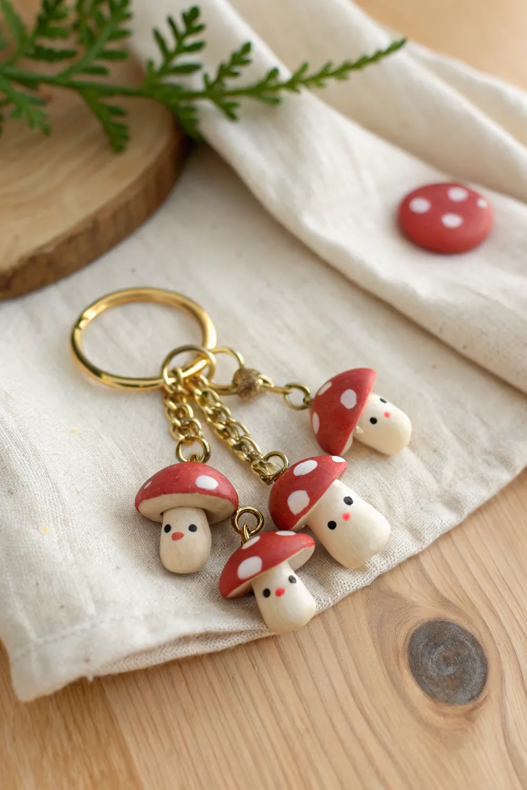 Happy mushroom cap charms in soft red and cream, perfect beginner clay project inspiration