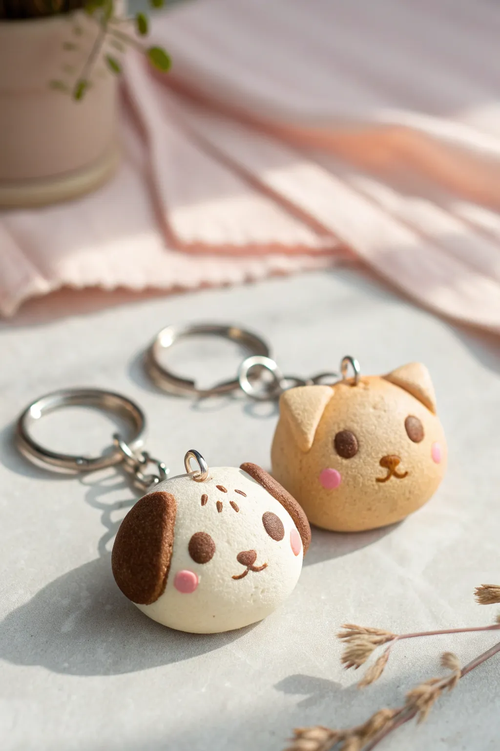 Chubby kitty and puppy clay charms in creamy neutrals, minimalist cute with cozy boho vibes