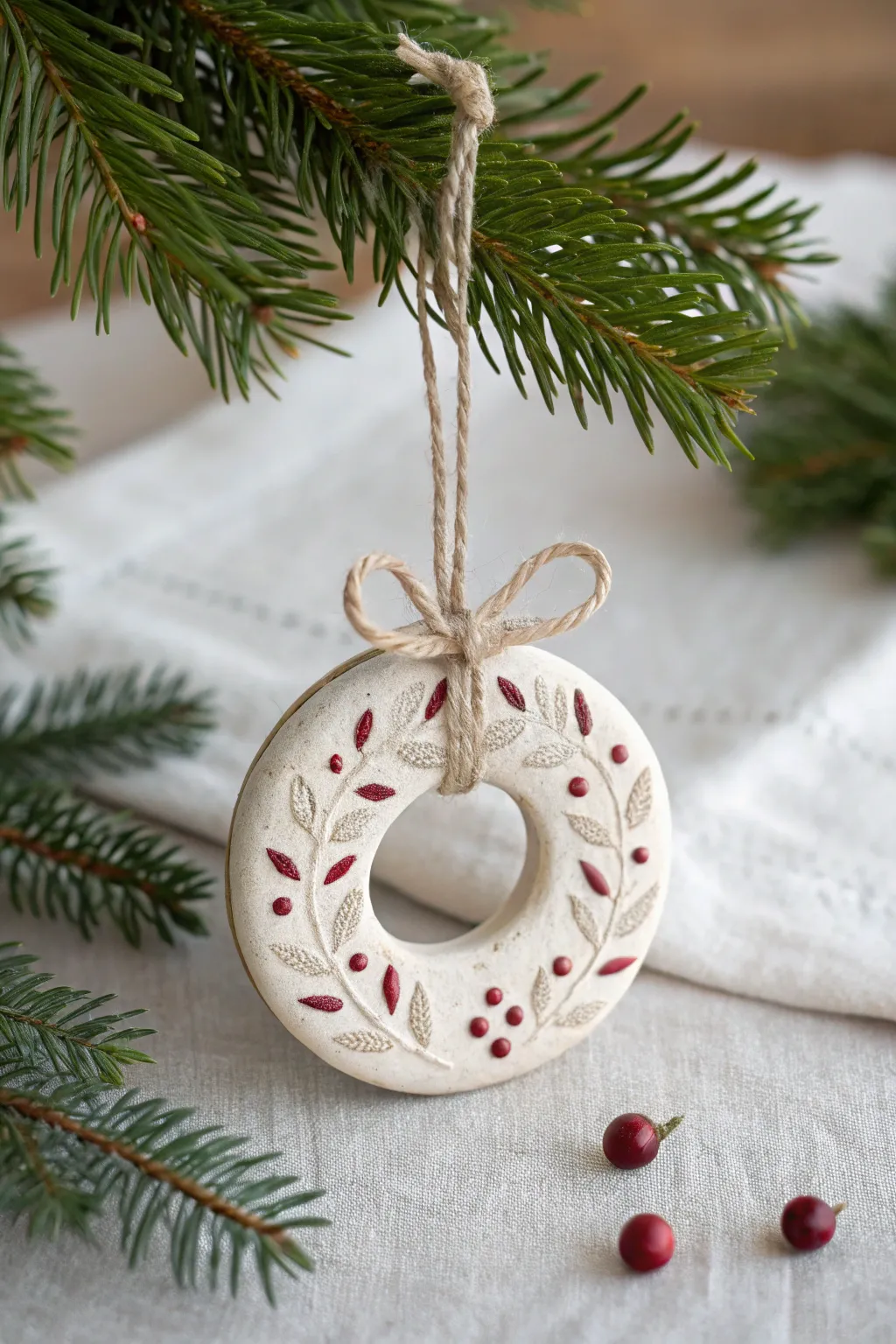 Minimal clay wreath ornament with berry dots and a linen bow for a cozy Christmas tree