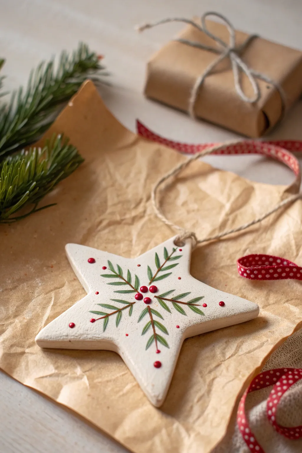 Classic clay star ornament with simple painted details, styled on kraft paper and red ribbon
