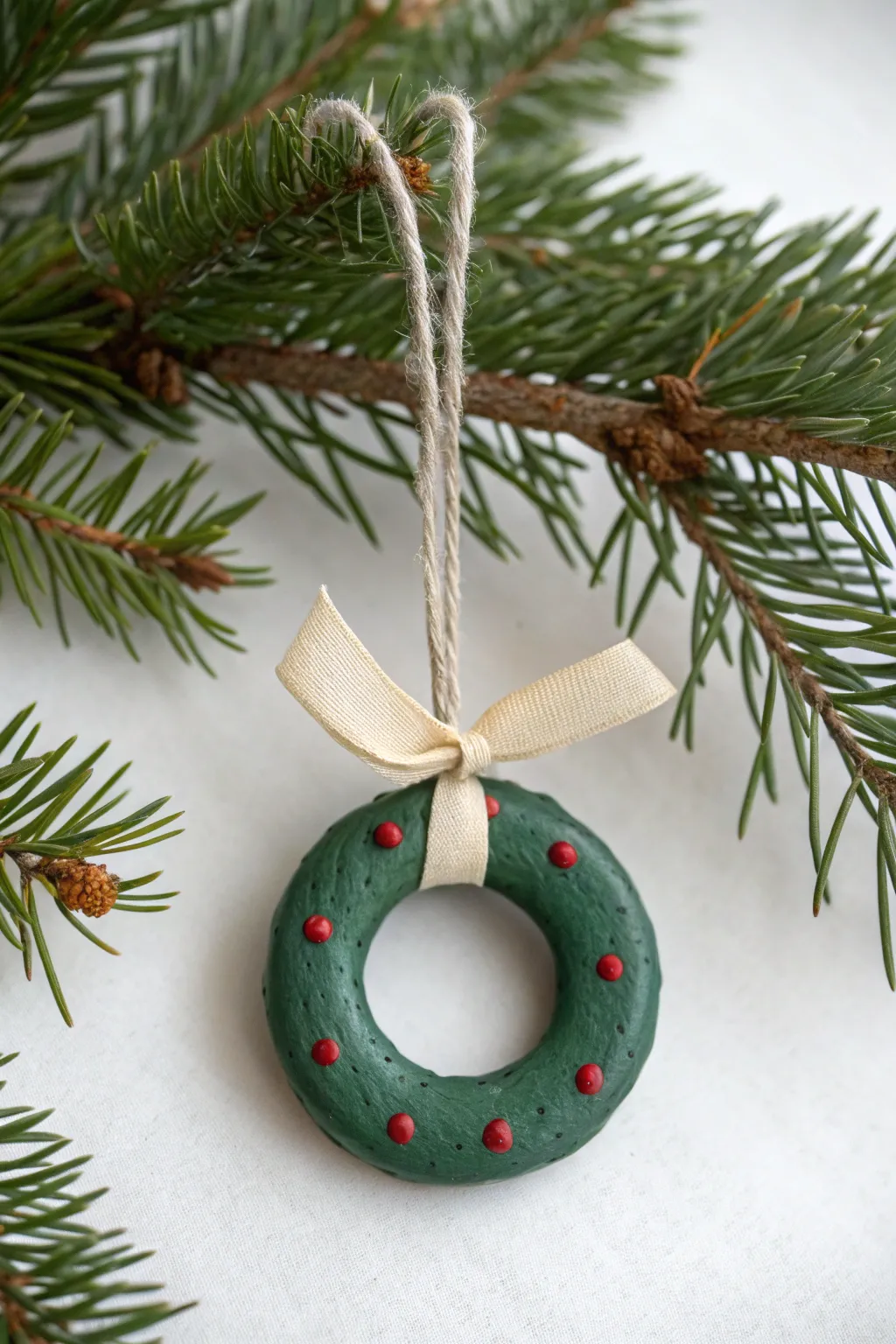 Mini clay wreath ring ornament in deep green with red berries, simple bow, cozy tree bokeh