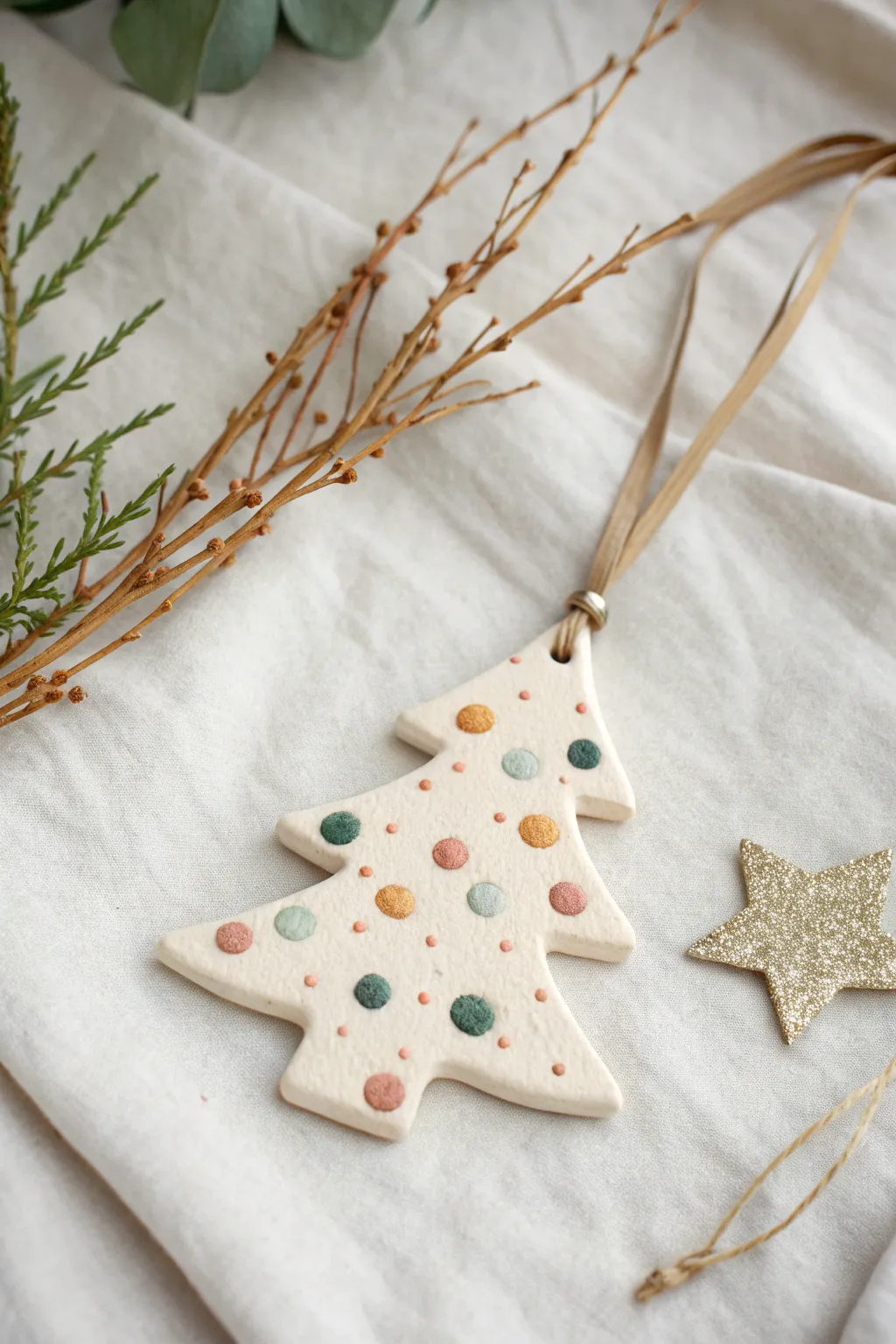 DIY clay tree ornament with fingerprint lights and star topper, simple keepsake for Christmas.