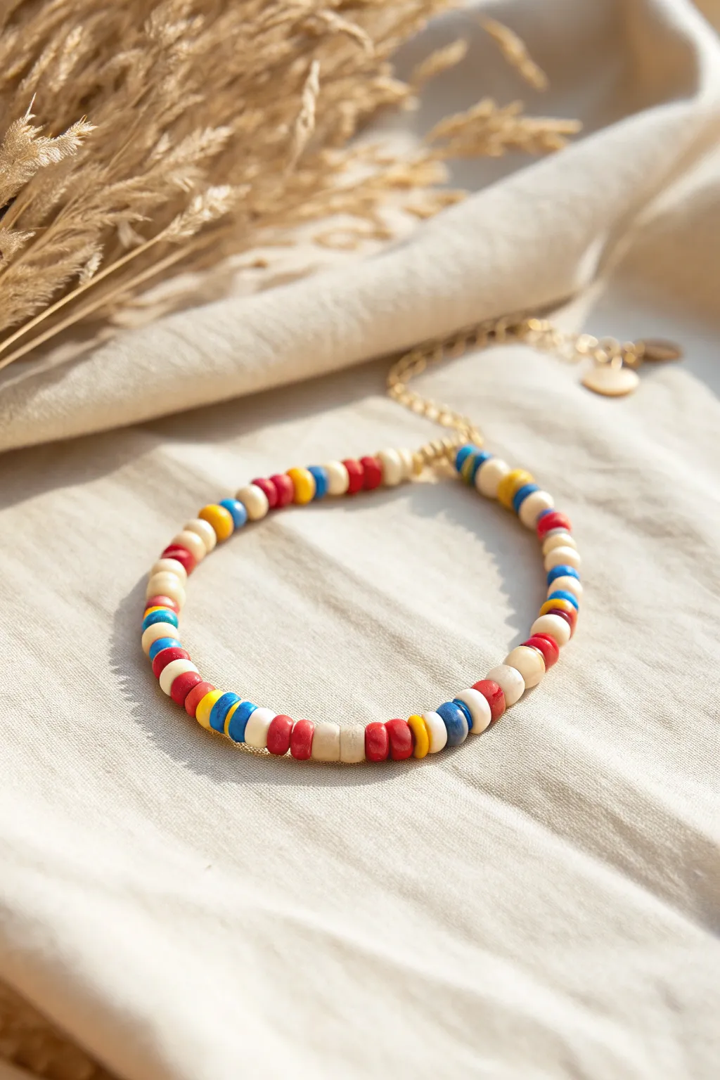 Primary color pop clay heishi bracelet flat-lay, minimalist and playful with crisp contrast