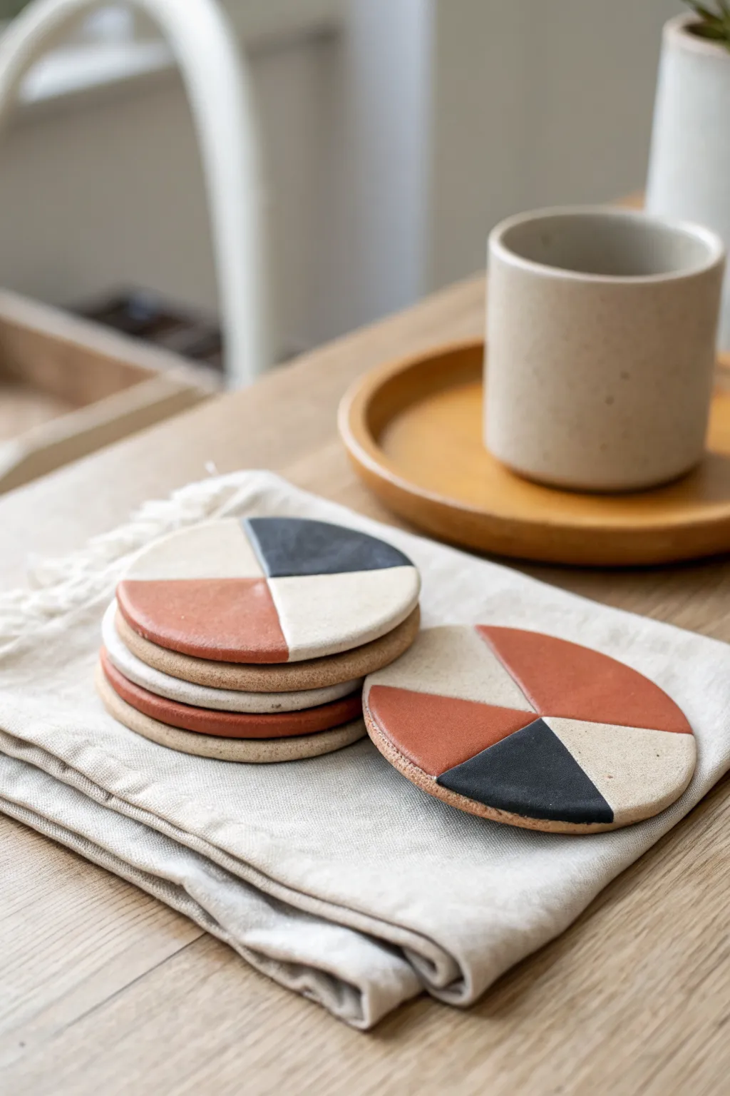 Clean color-block clay coasters in terracotta and ivory, a minimalist set with modern contrast.