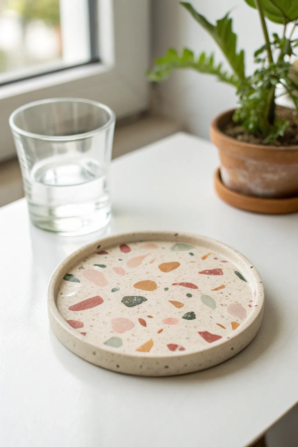 Terrazzo speckle clay coaster in soft pastels, minimalist styling with a boho hint.