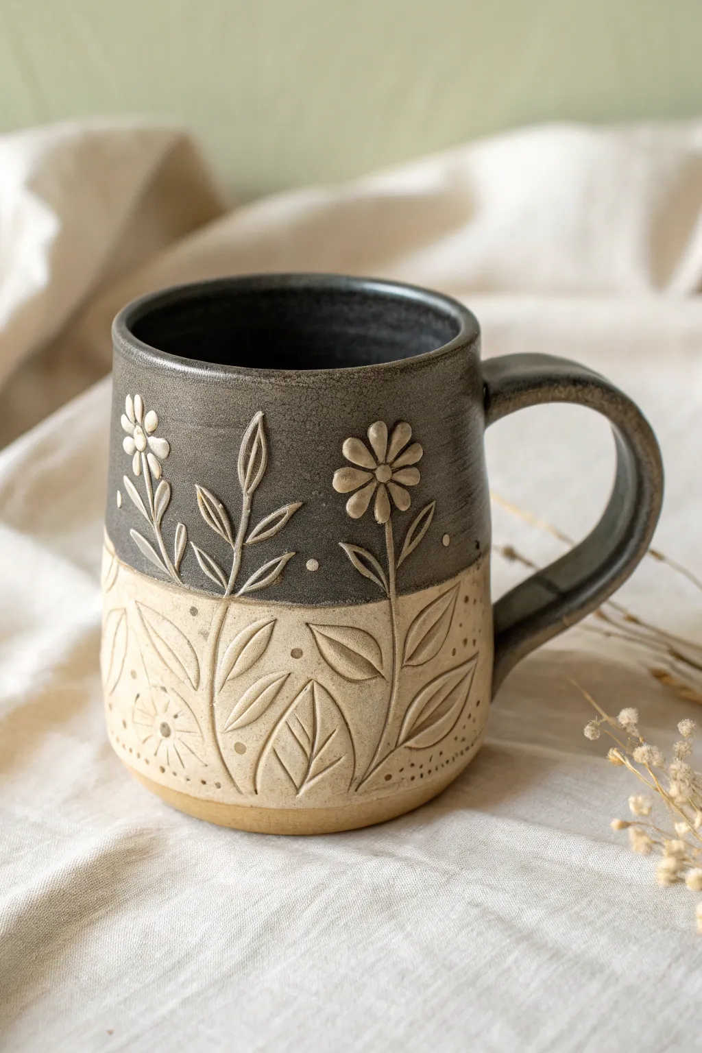 Matte charcoal mug with simple floral sgraffito wrap, crisp contrast and handmade texture.