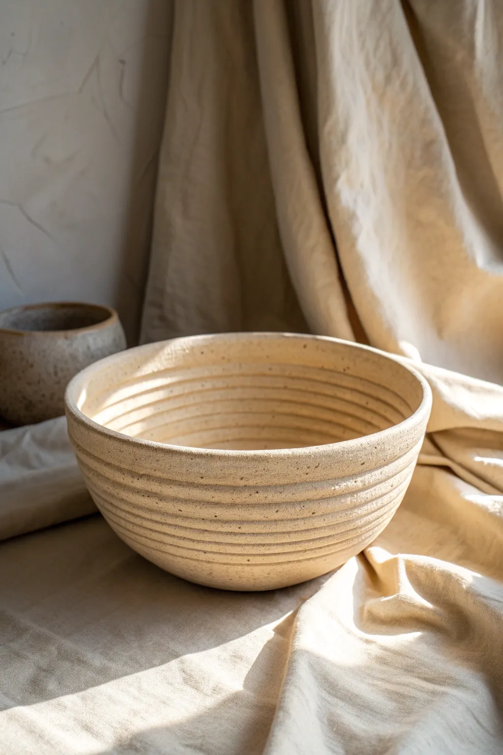 Minimal slump-mold coil bowl with a smooth curve, subtle texture, and warm neutral contrast.