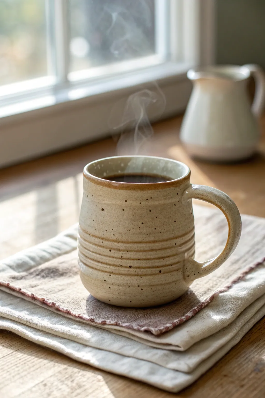Coil mug with a chunky handle and soft ring texture, styled for a calm tea moment