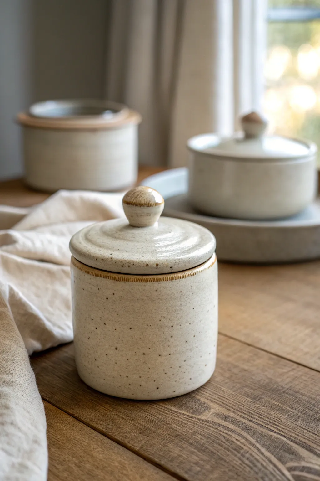 Minimal lidded trinket jar with easy knob handle, perfect beginner clay container idea.