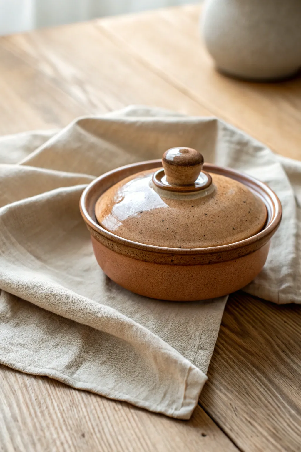 Low lidded bowl with an easy rounded knob in warm earthy tones, simple and timeless.