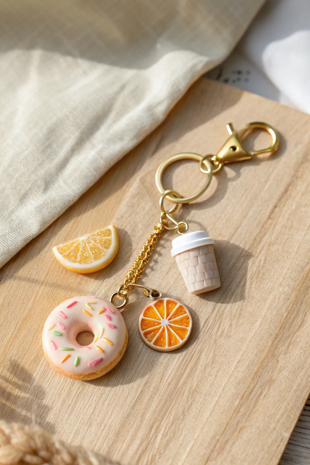 Mini clay food charm keychain: donut, citrus slice, and tiny drink cup in soft neutral tones.