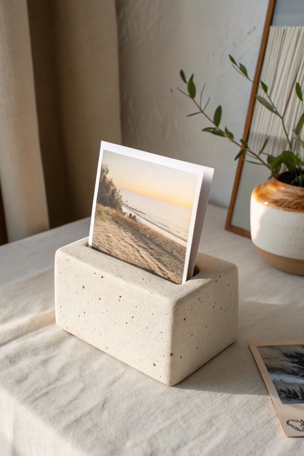 Beginner-friendly minimal clay photo holder, neutral tones and cozy Scandinavian styling.