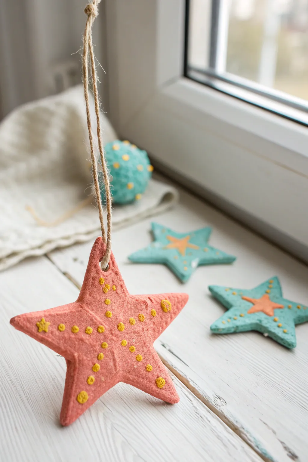 Textured cookie-cutter clay ornament in playful colors, minimalist styling, ready to hang.