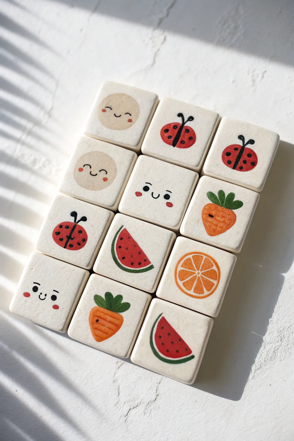 Cute mini clay magnets in a clean grid on white, easy craft inspiration with bright popping colors