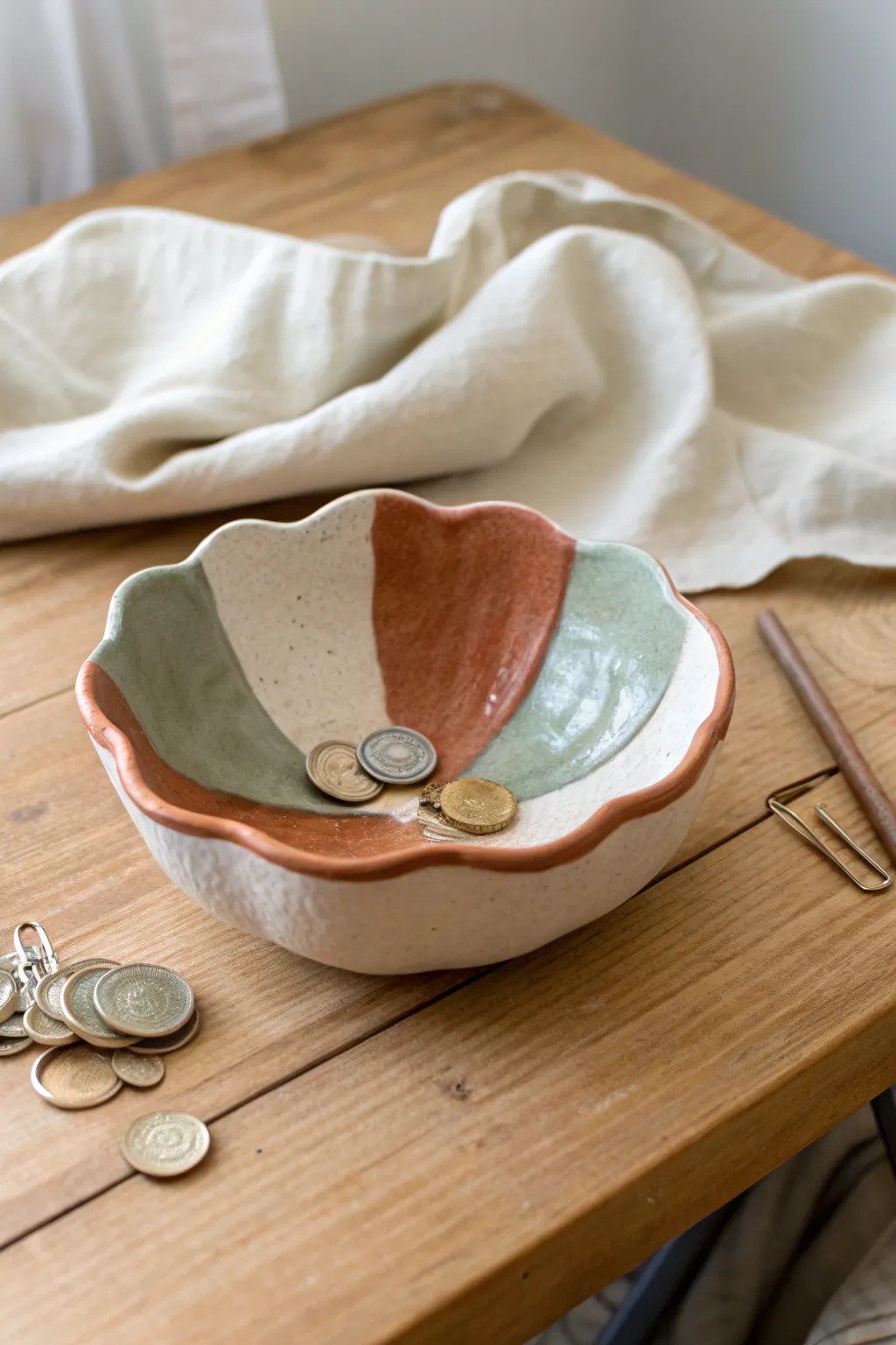 Wavy color-blocked catchall bowl styled with coins and hair clips, minimalist boho charm.