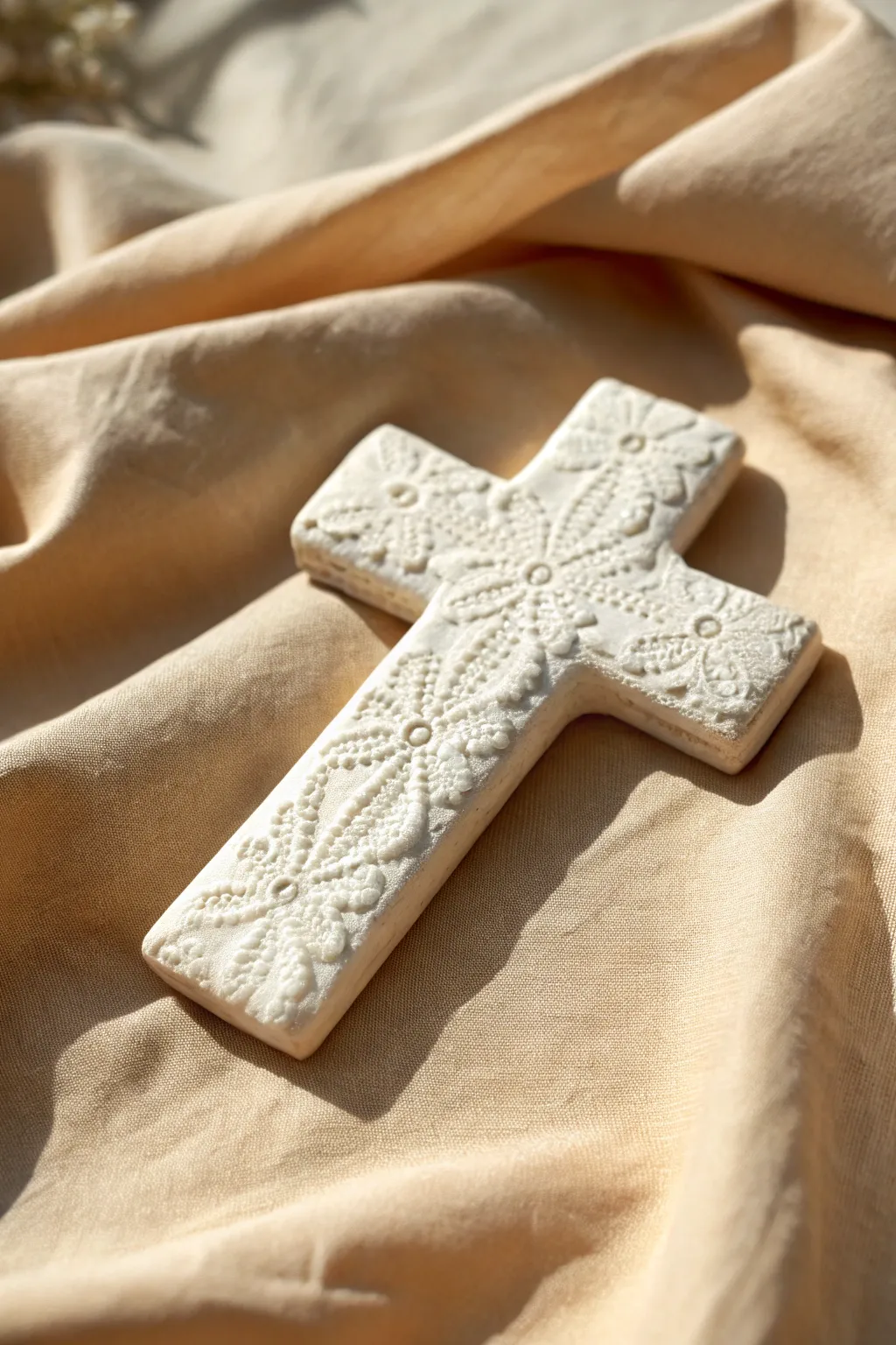 Off-white clay cross with lace-embossed texture, minimal Scandinavian styling and soft boho warmth.