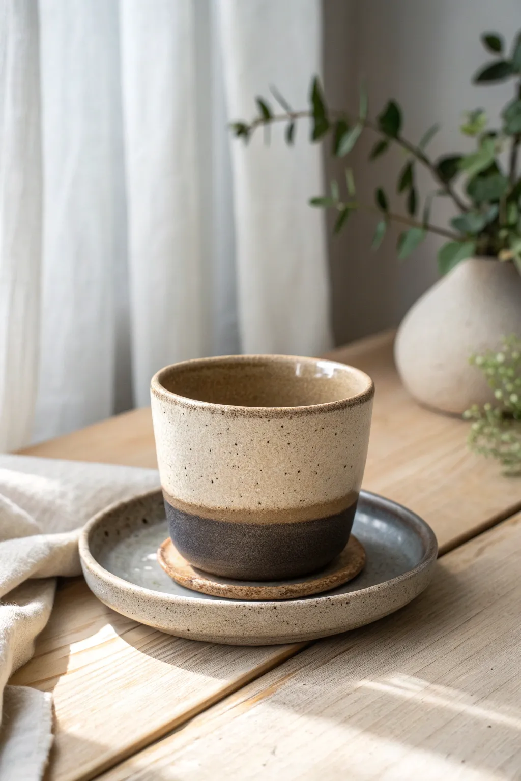 Simple two-tone dip glaze cup with a clean divide, minimal styling, and soft natural shadows