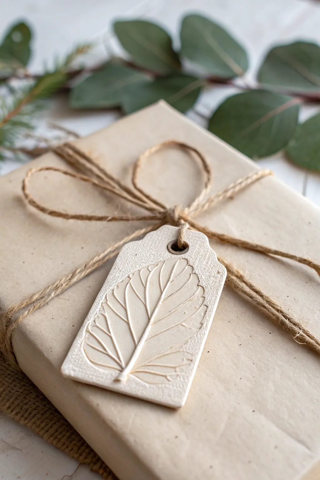 Pressed-botanical clay tags add soft, natural texture to minimalist gift wrapping.