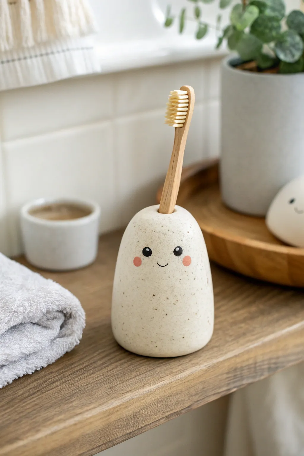 A cute one-brush clay creature holder for a calm, minimalist bathroom shelf moment