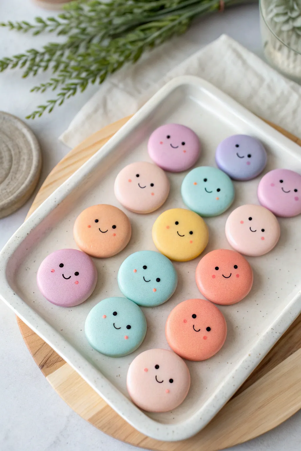 Cute face clay magnets in a minimalist grid, bright pastels and easy shapes for beginner clay fun.