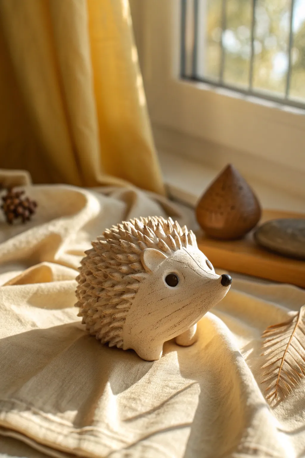 Sweet poke-texture clay hedgehog critter, sunlit and simple for an easy kids craft.