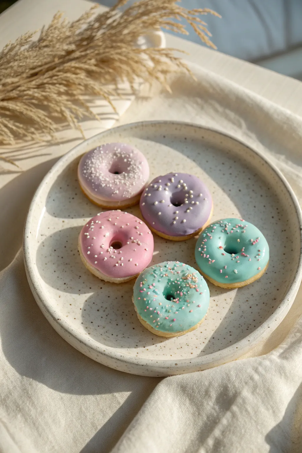 Pastel mini clay donuts in a neat grid, simple sprinkles and soft Scandinavian styling.