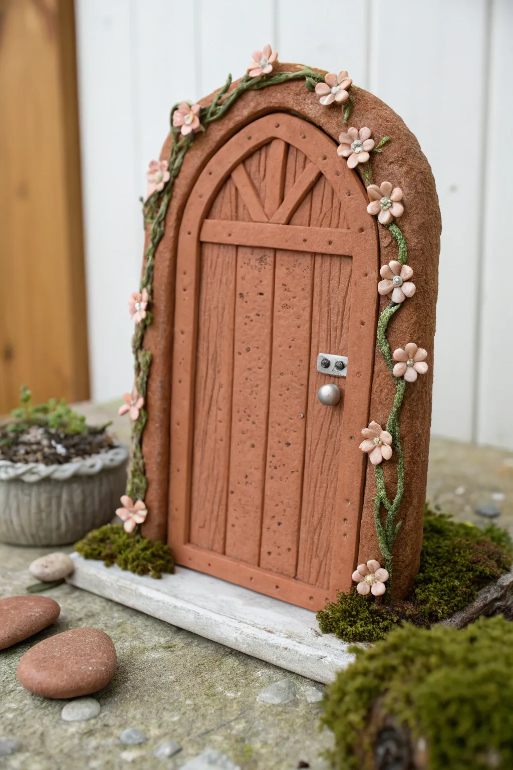 A woodland-inspired clay door with climbing vines and tiny blossoms for a soft boho touch