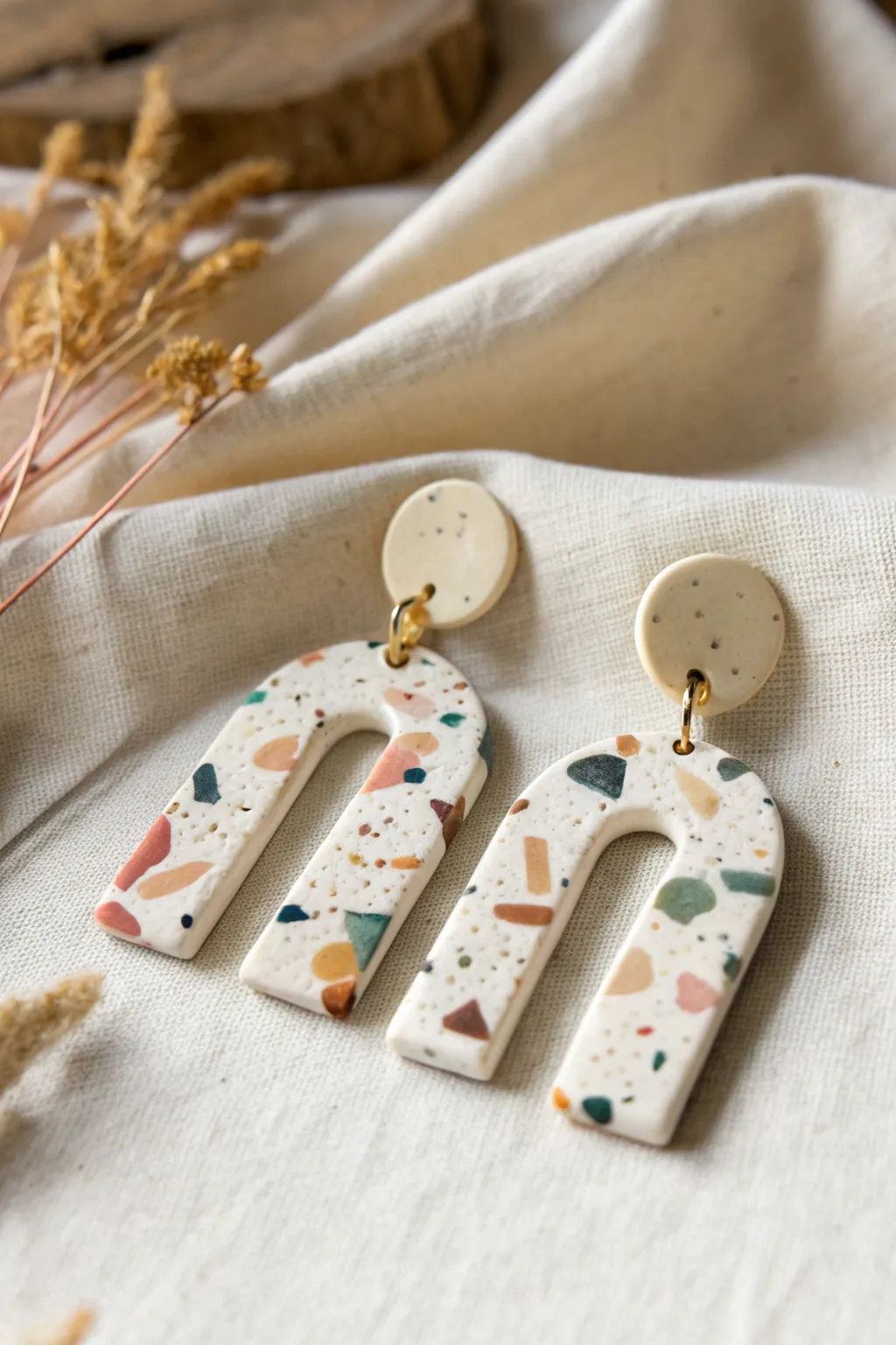 Terrazzo speckle arch earrings in soft neutrals, a bold statement with minimalist charm