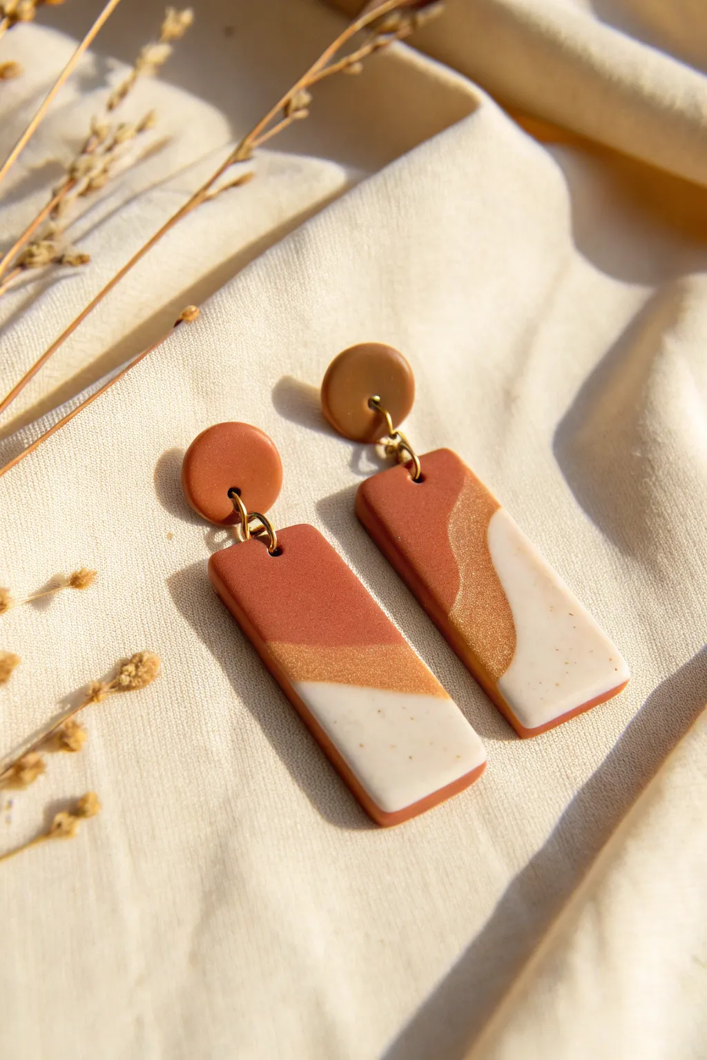 Soft rectangle clay earrings in warm earth tones, minimalist and beginner-friendly with clean lines