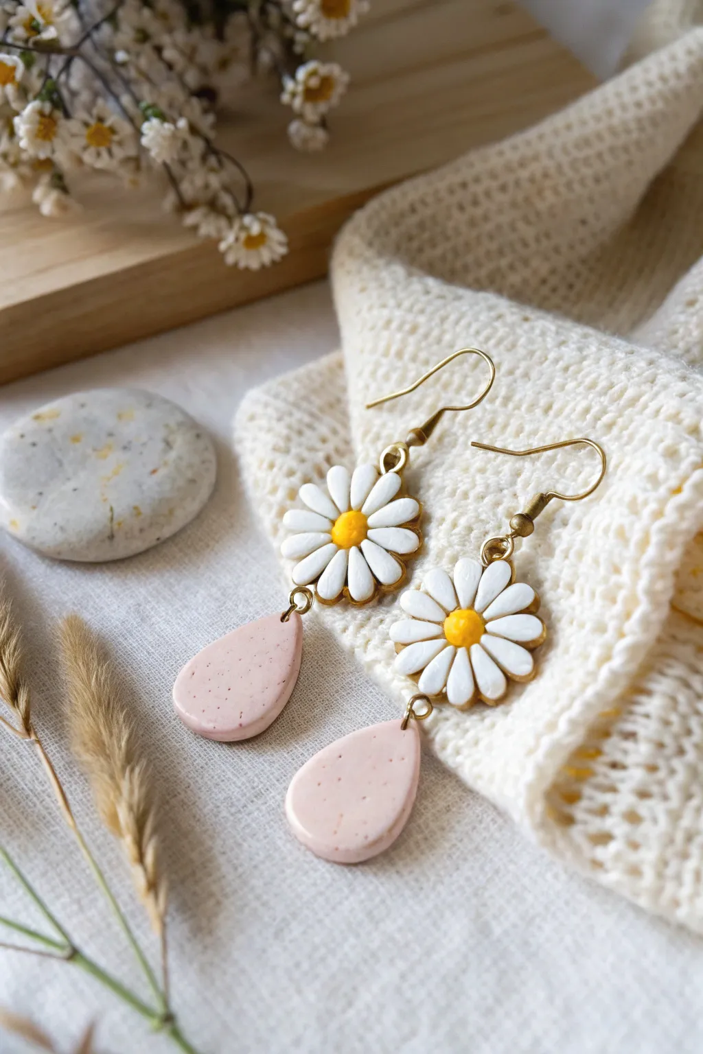 Daisy-topped clay dangles on cozy linen, a bright minimalist-boho earring idea for Pinterest.