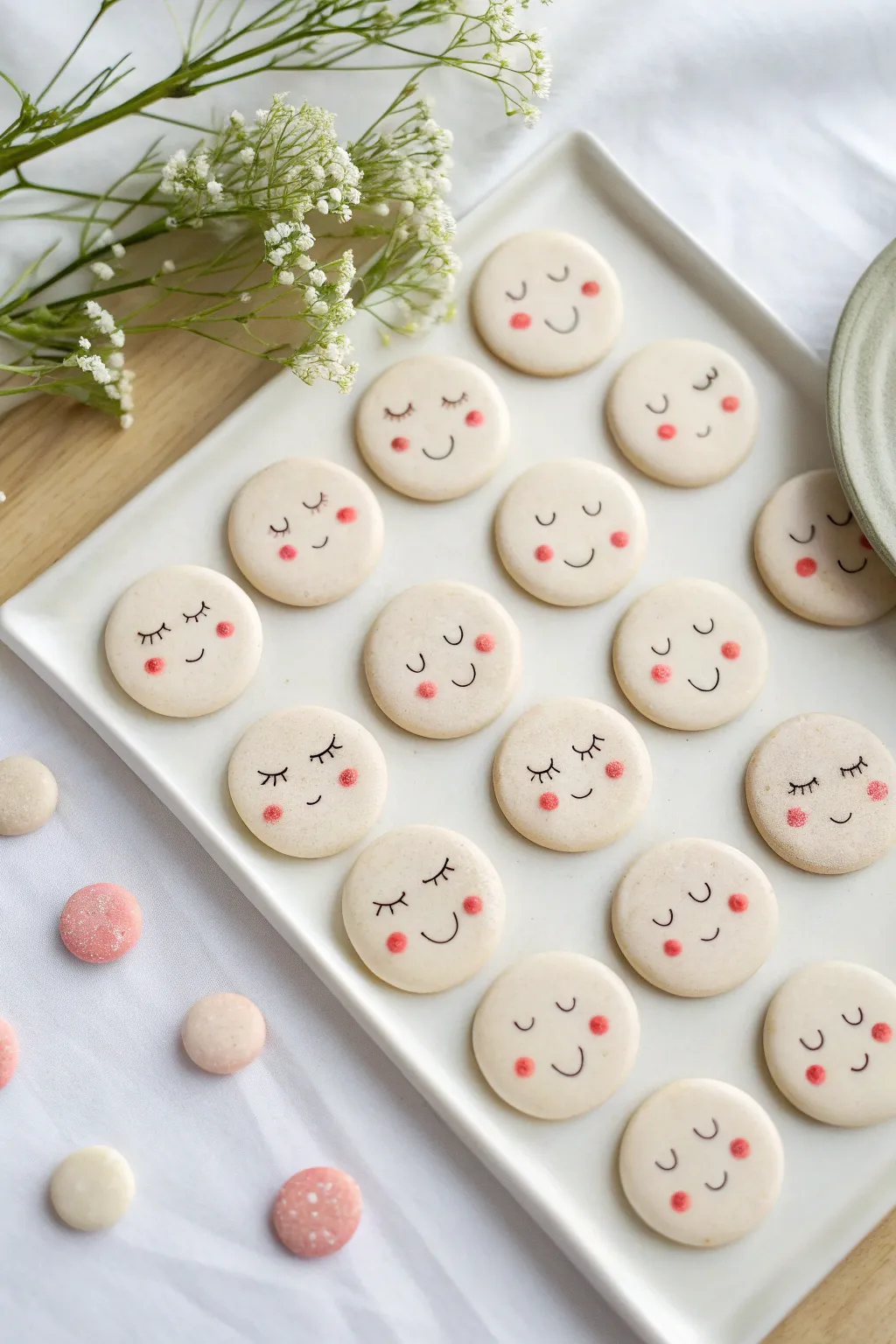 Sweet minimalist clay face magnets in soft pastels, arranged in a tidy grid on white.