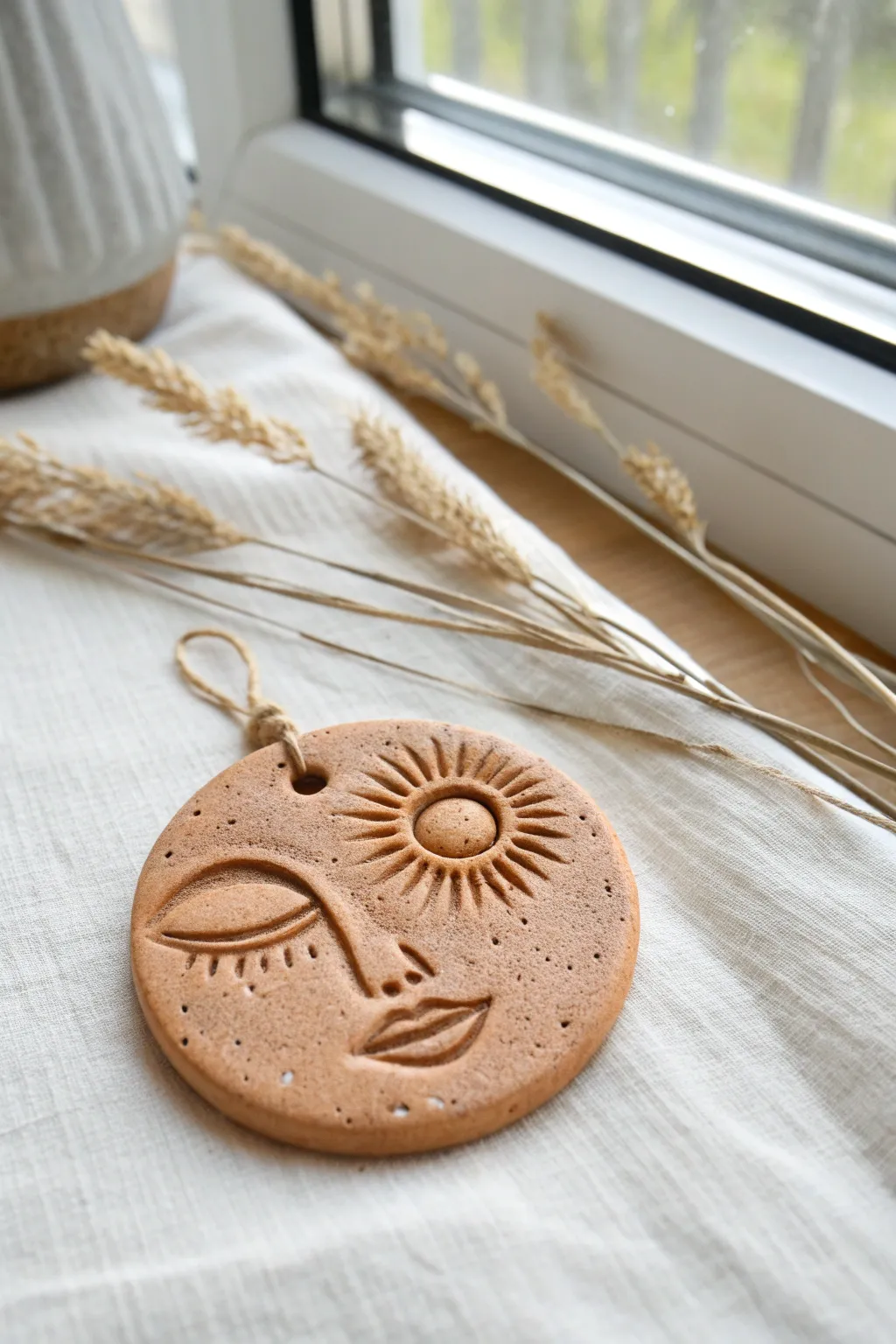 Winky clay face tile with bold eyebrows and a playful smirk in warm minimalist styling