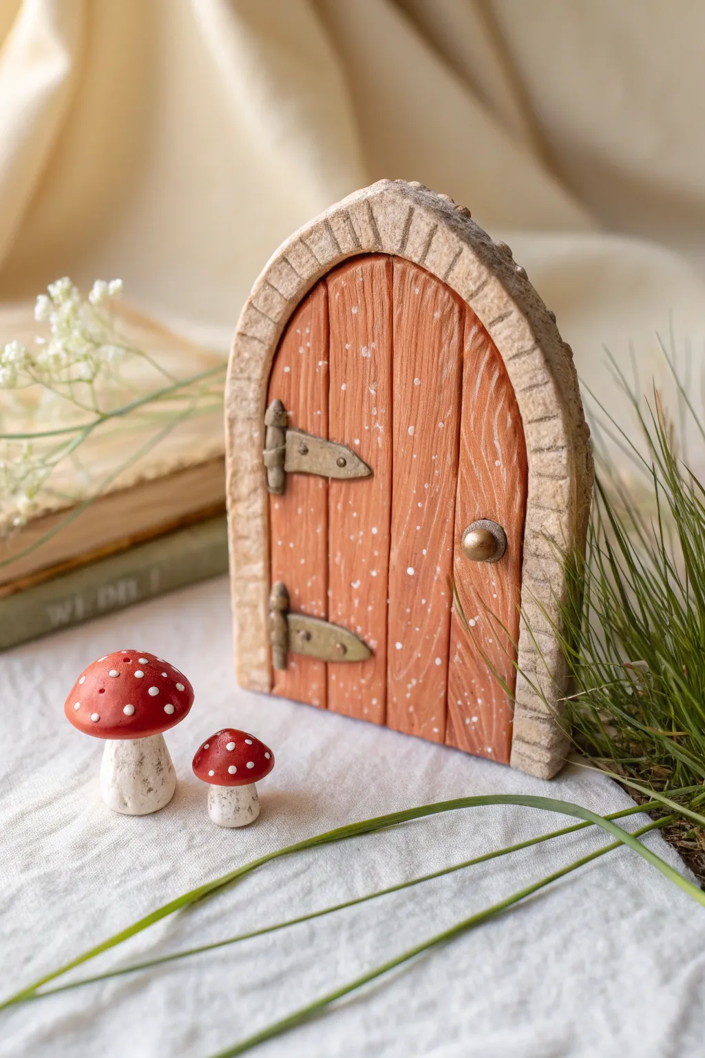 Rustic clay fairy door flanked by bright toadstools, a sweet whimsical entry for tiny guests.