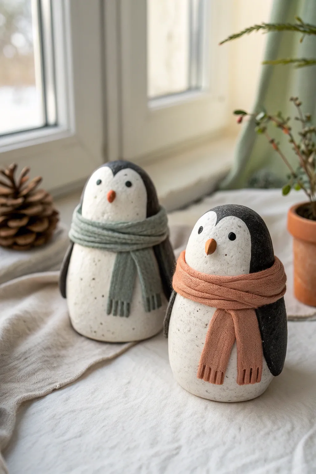 Minimal clay penguin pals with cozy scarves in earthy tones, perfect for a cute handmade decor idea