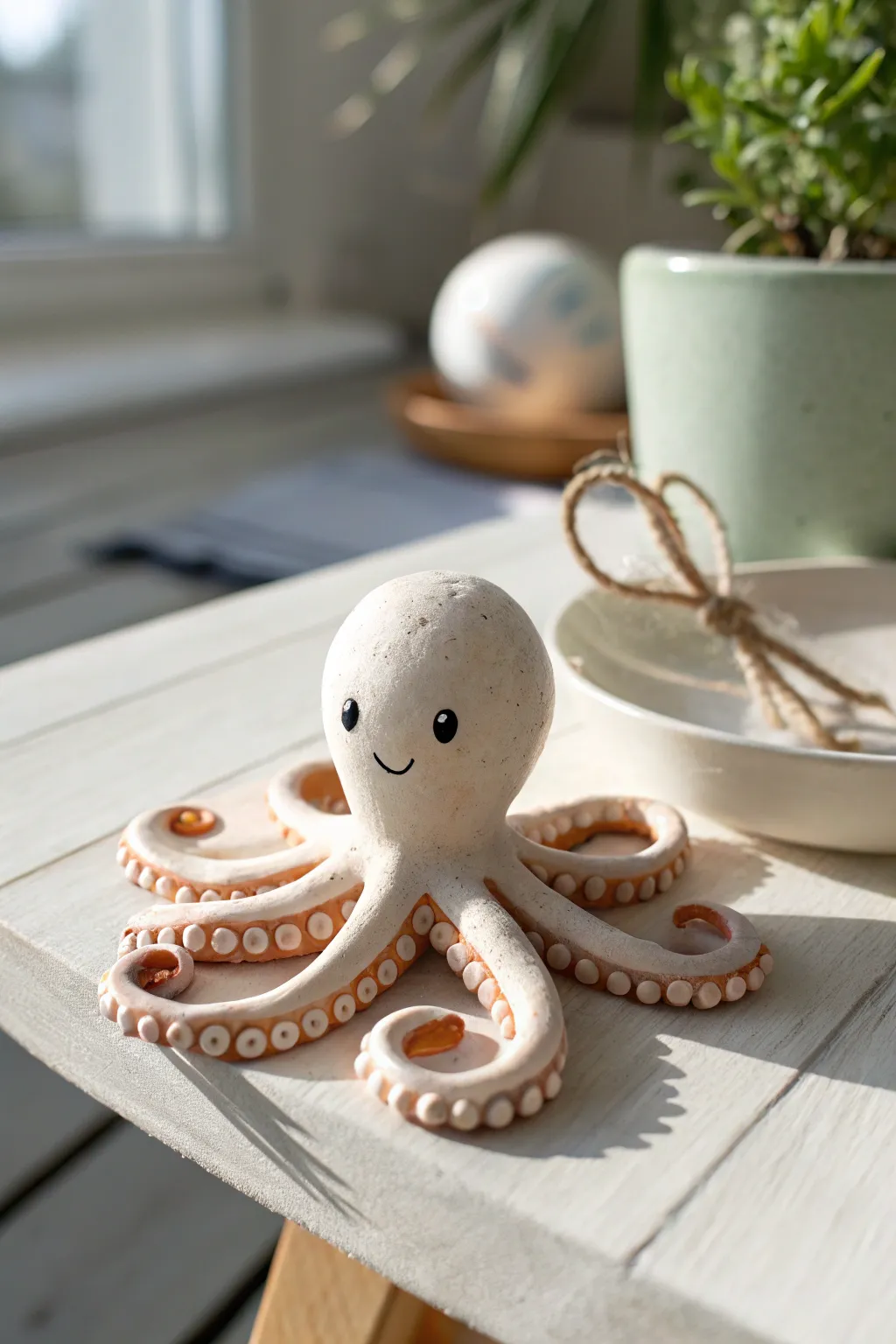Easy tiny clay octopus with coil tentacles, dot eyes, and a sweet smile on a clean table