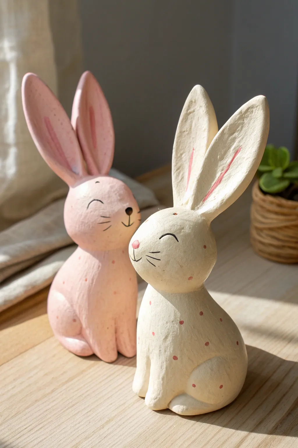 Pastel bunny figurines with oversized ears, simple shapes, and a soft handcrafted finish.