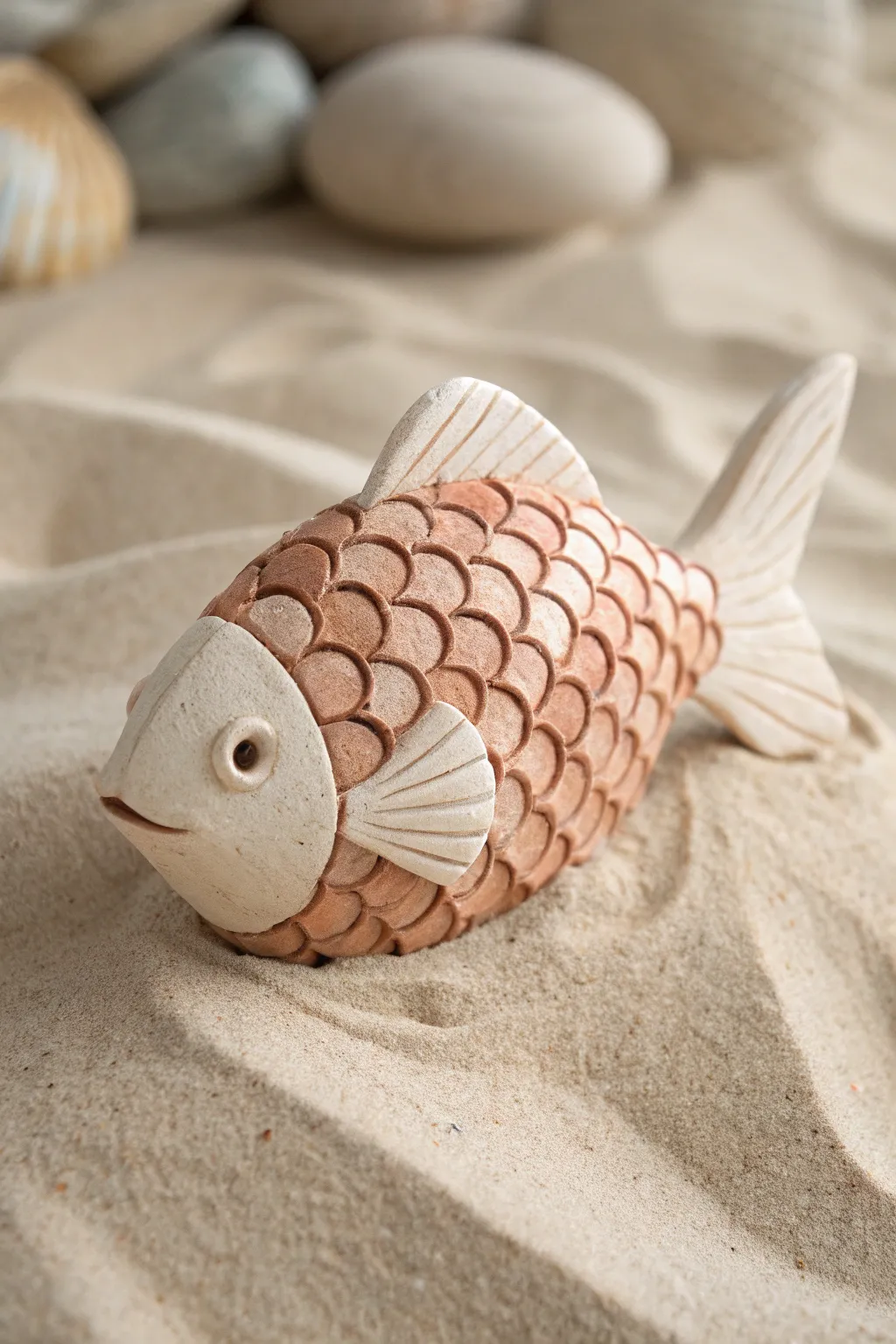 Layered disc-scale clay fish in a clean two-tone glaze for an easy 3D texture effect.