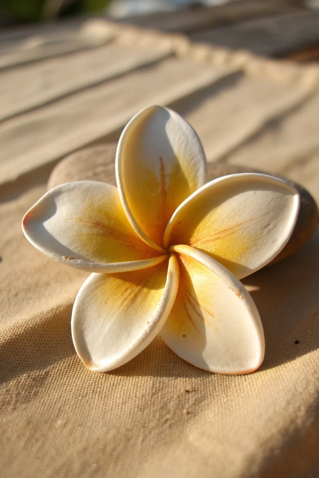 Glossy plumeria-style clay bloom with a warm yellow center and soft pinwheel petals
