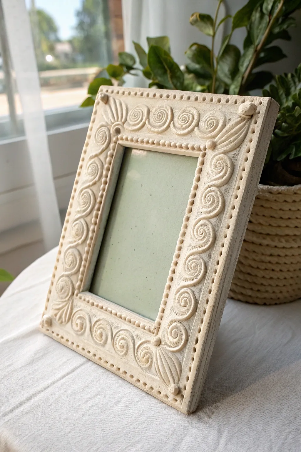 Faux icing piped clay frame in creamy white with raised swirls for soft, handcrafted texture.